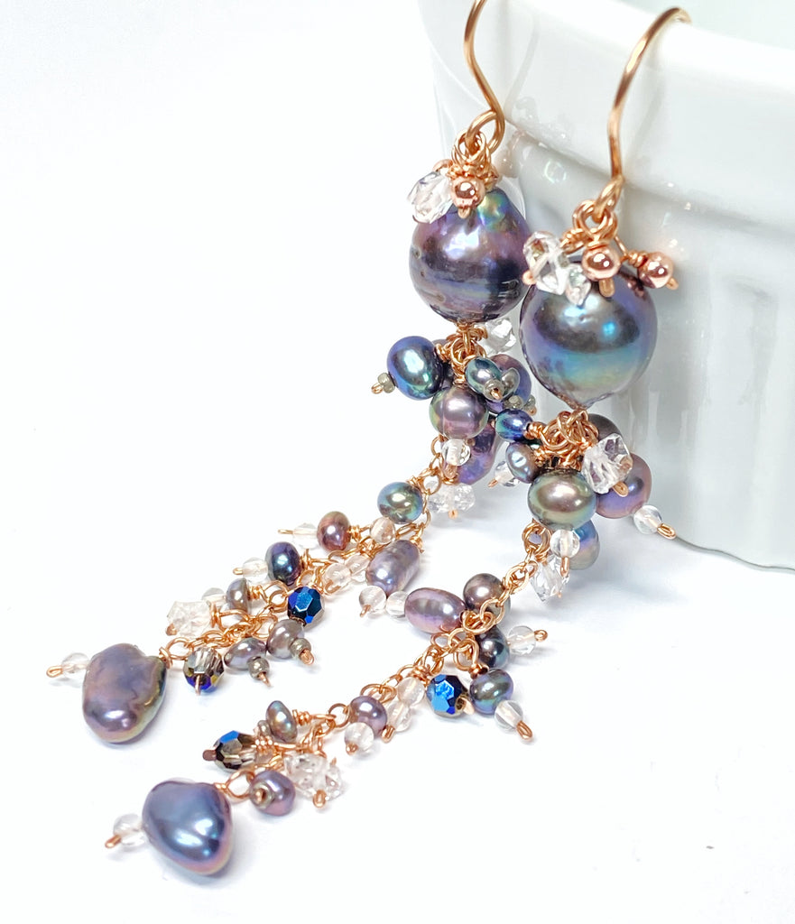 Black Peacock Pearl and Herkimer Crystal Dangle Earrings Rose Gold