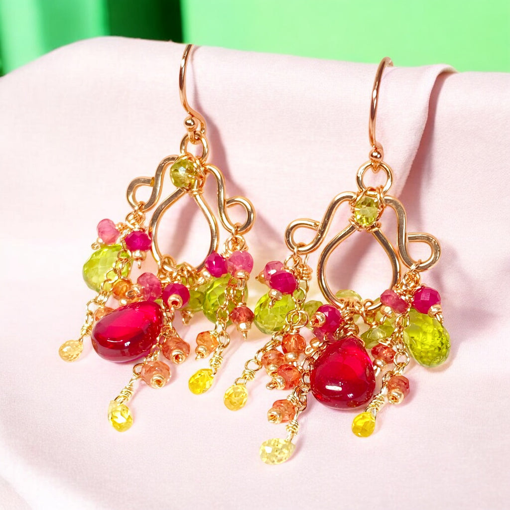 Rubellite and Peridot Rose Gold Chandelier Earrings - Pink and Green