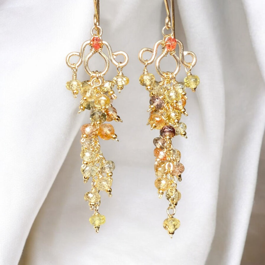 Natural Gemstone Zircon Cluster Dangle Earrings Gold Fill