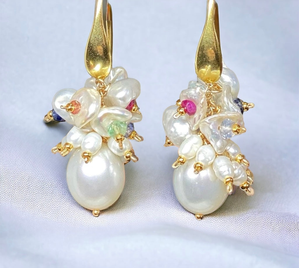 Pearl Cluster Earrings with Multicolor Sapphire Gemstone Keishi Pearls Gold Fill
