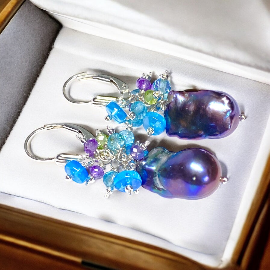 Baroque Peacock Pearl Cluster Earrings