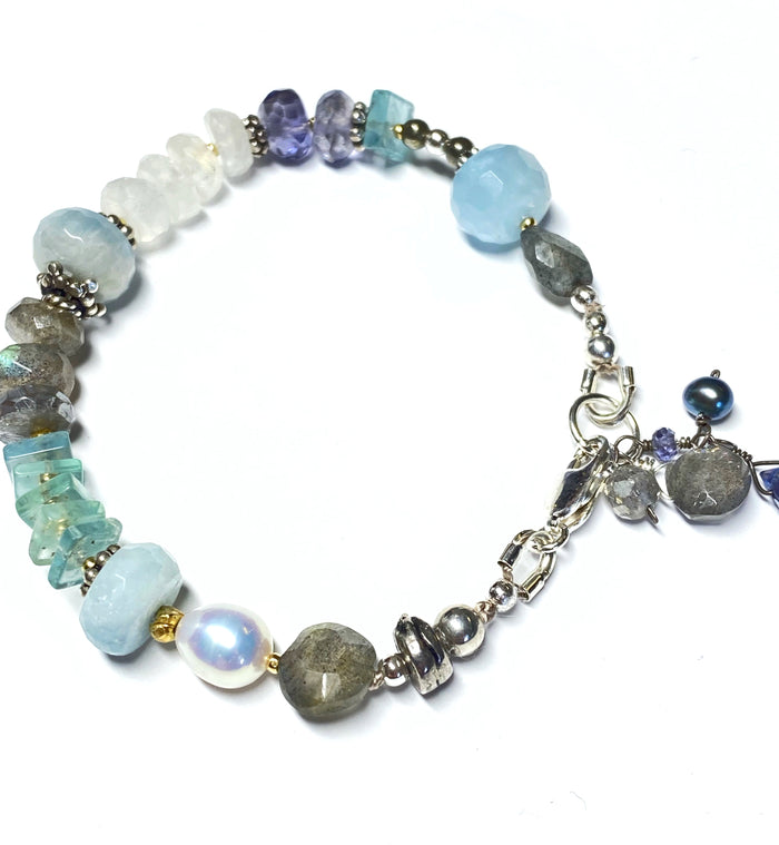 Blue Gray Gemstone Silk Knotted Bracelet Sterling Silver 2