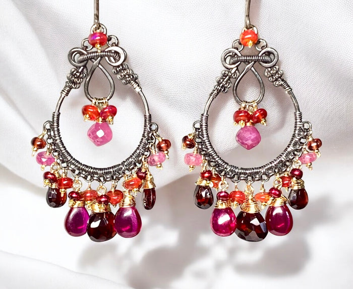 Red Gemstone Statement Chandelier Earrings, Garnet, Sapphire, Mixed Metal, Oxidized Silver
