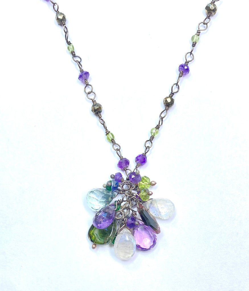 Amethyst, Tourmaline Gem Cluster Pendant Necklace, Rosary Style, Oxidized Silver