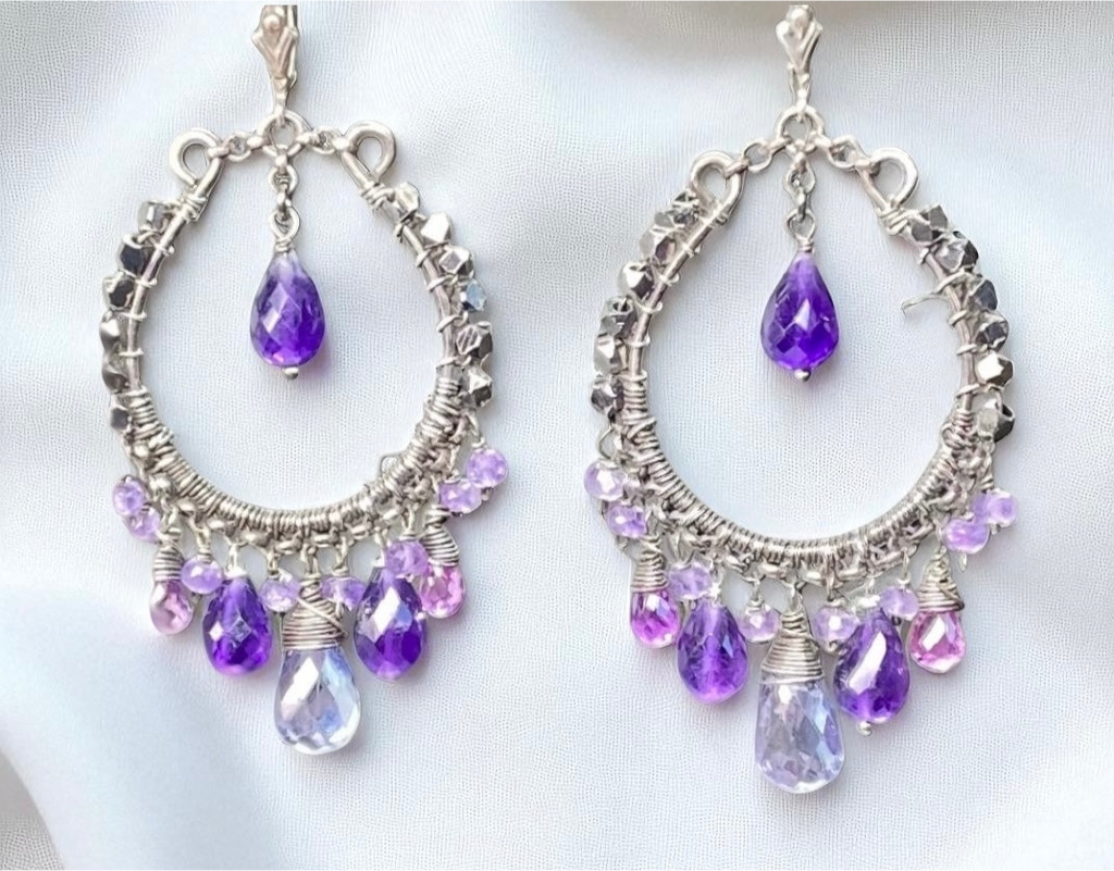 Boho Hoop Earrings Oxidized Sterling Silver Blue Violet Gemstones