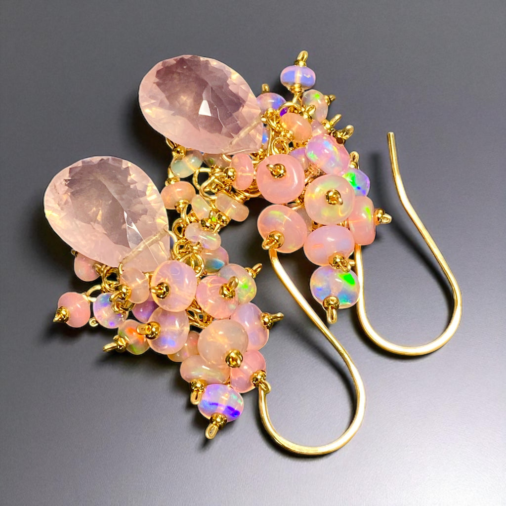 Pink Opal Cluster Earrings Rose Quartz Concave Cut Briolette Earrings Gold