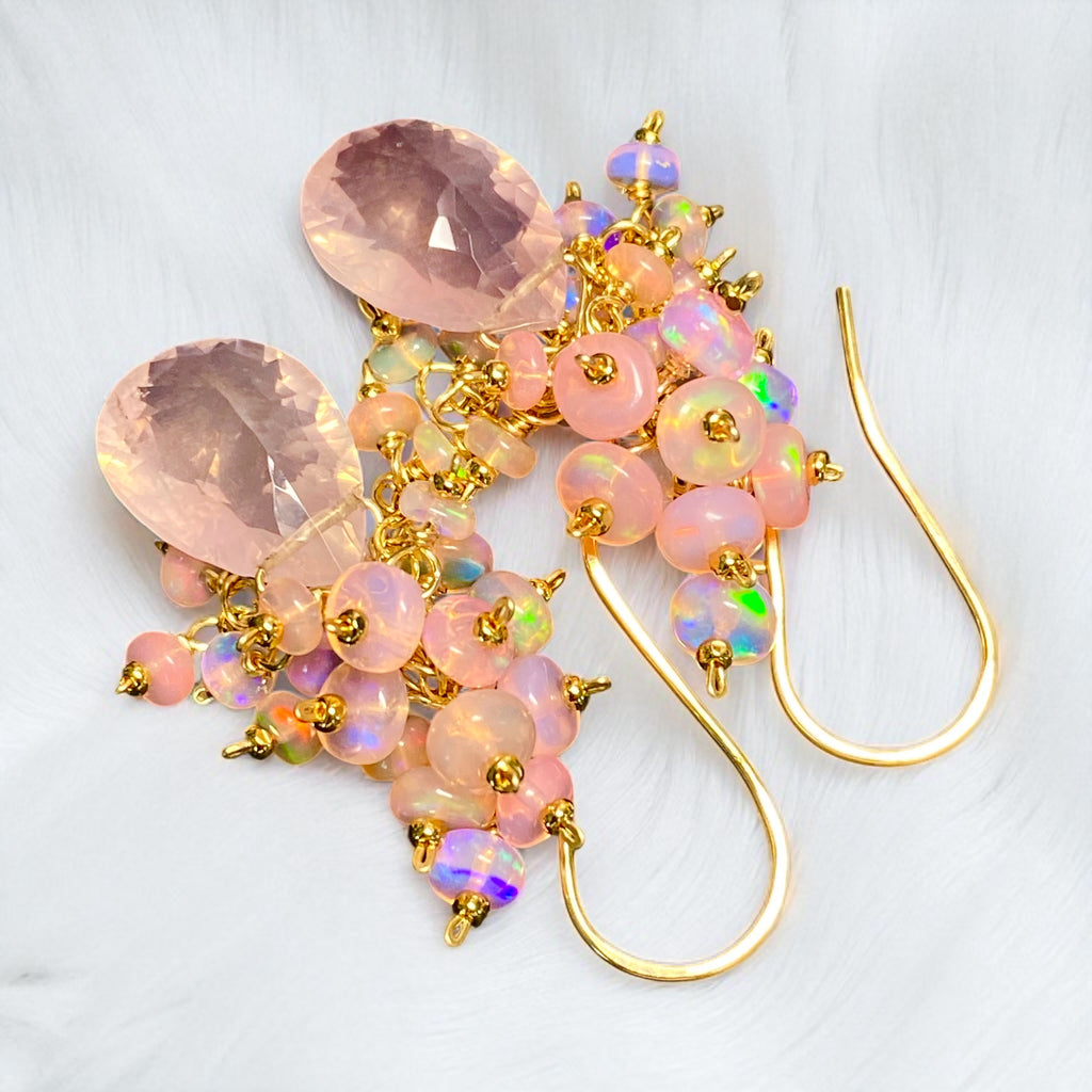 Pink Opal Cluster Earrings Rose Quartz Concave Cut Briolette Earrings Gold