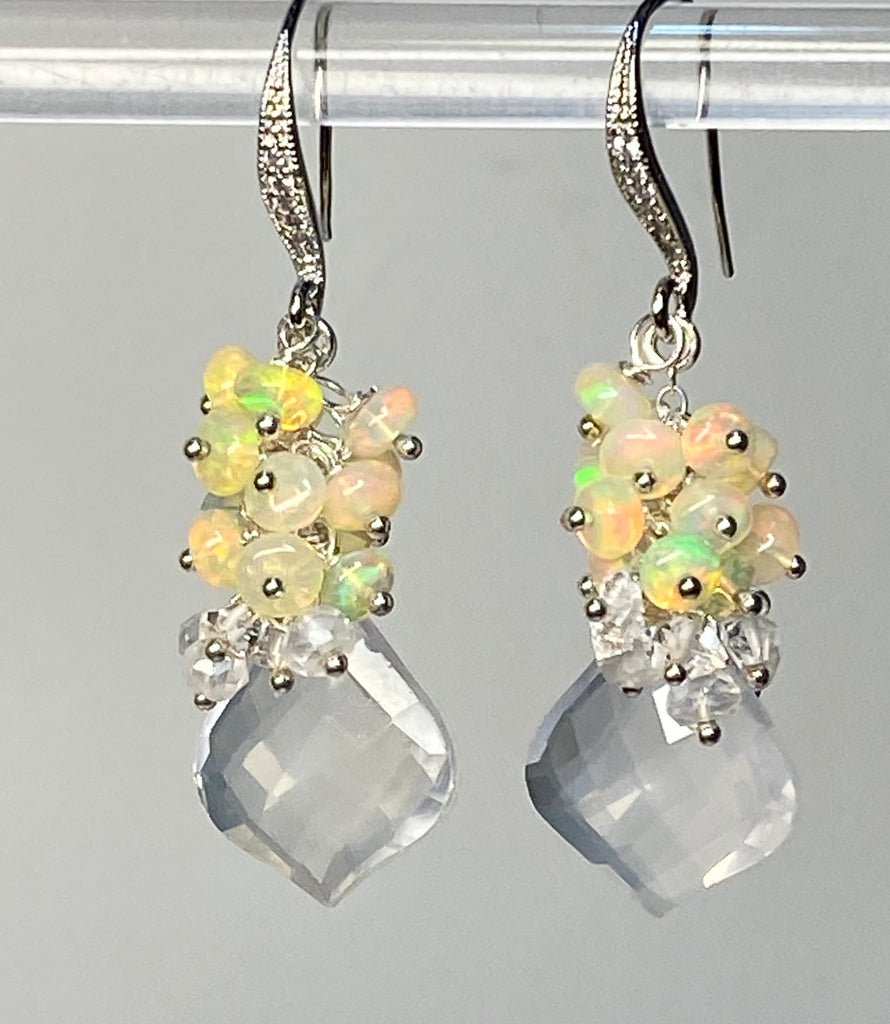 Opal Cluster Crystal Quartz Leverback Earrings