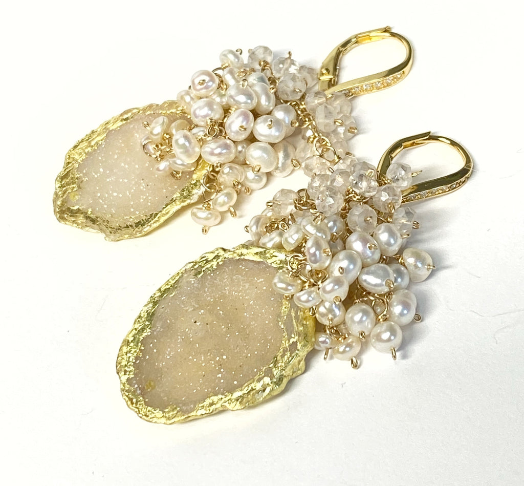 Golden Tabasco Geode 24 kt Gold Leaf Earrings with Pearl and Mystic Crystal Clusters