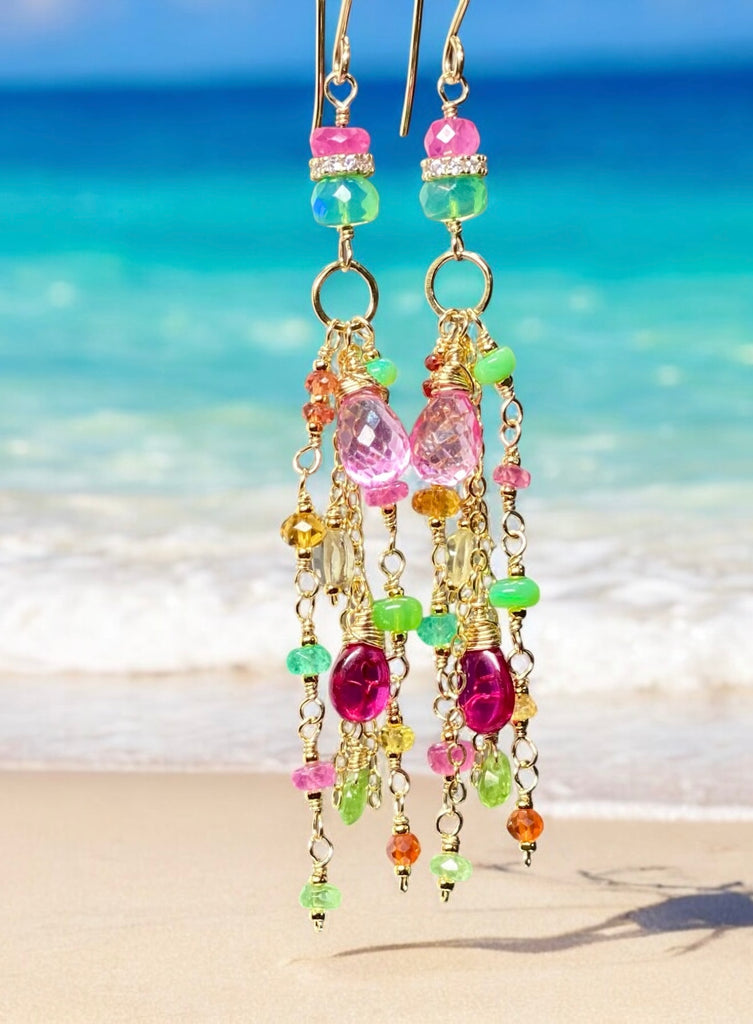 Pink Sapphire, Green Gemstone Gold Fill Long Dangle Earrings