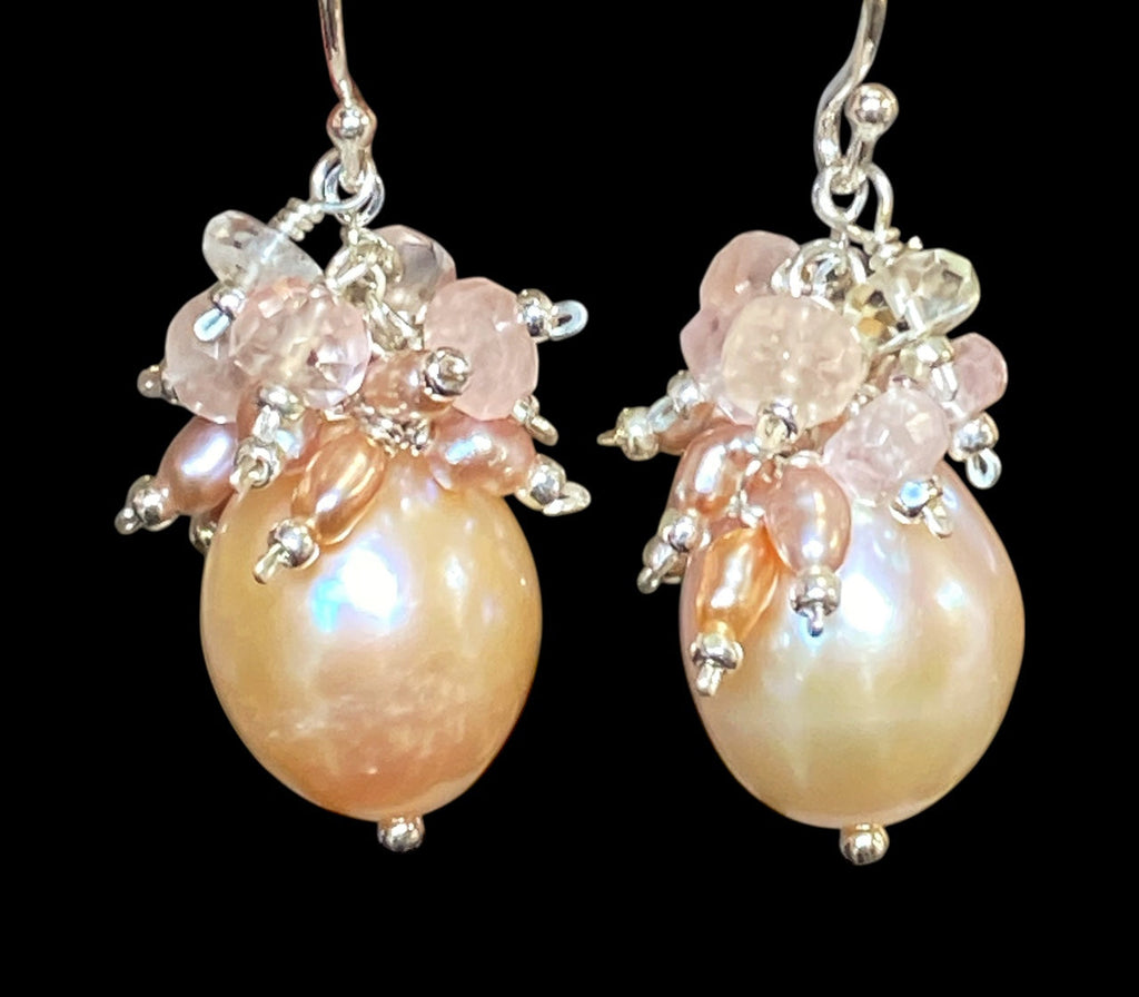 Pink Blush Pearl and Morganite Cluster Earrings Sterling Silver