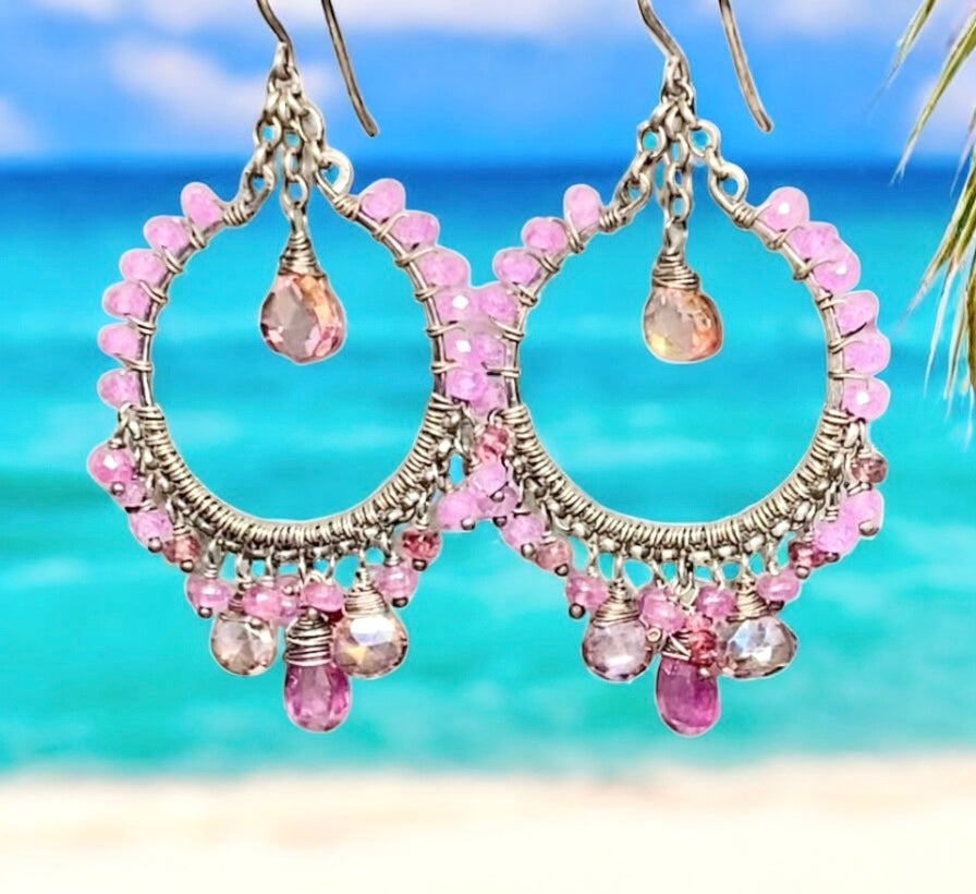 Pink Sapphire Chandelier Hoop Earrings in Oxidized Sterling Silver