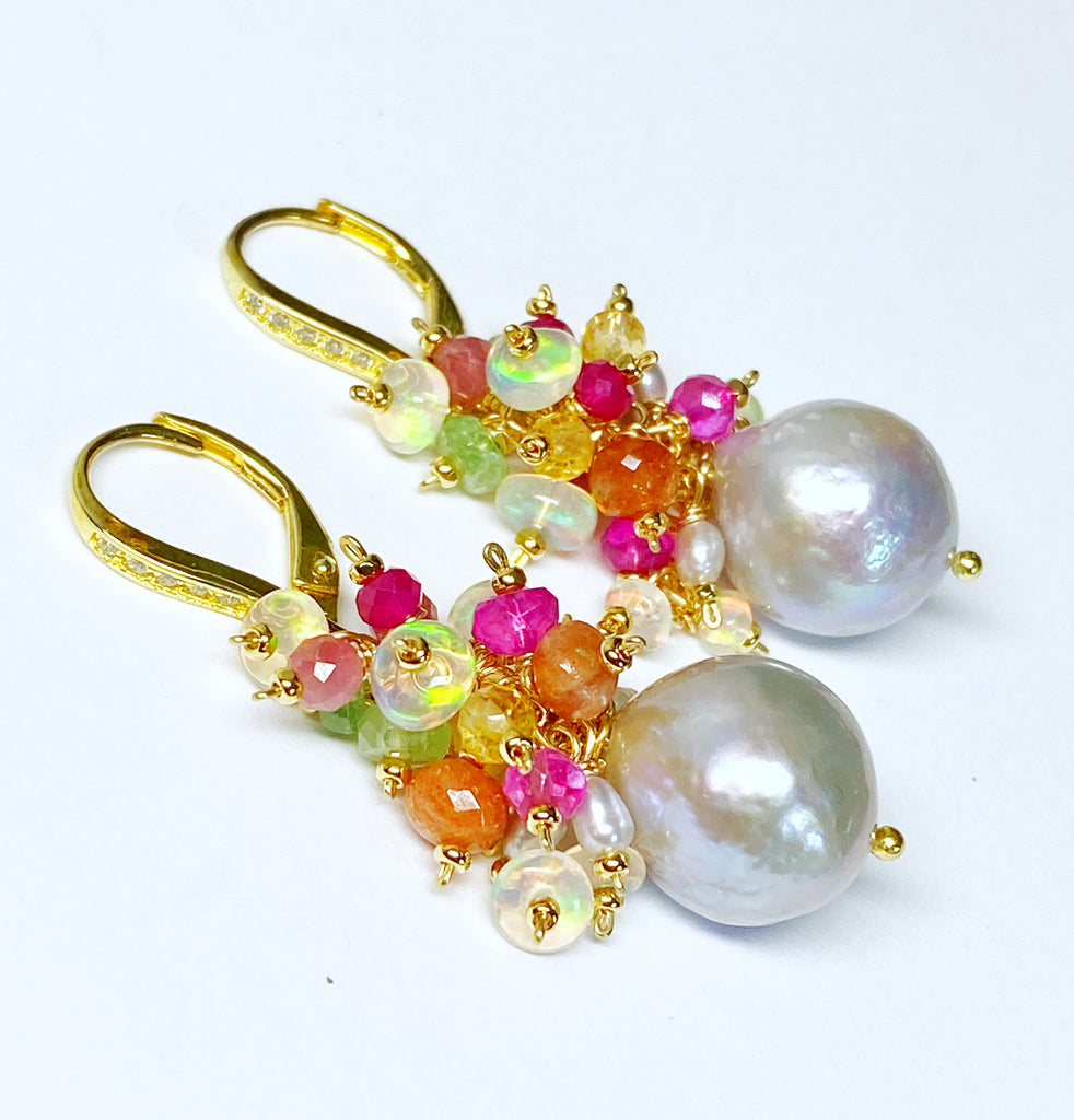 Silver Edison Pearl Multicolor Gemstone Cluster Earrings Gold Fill