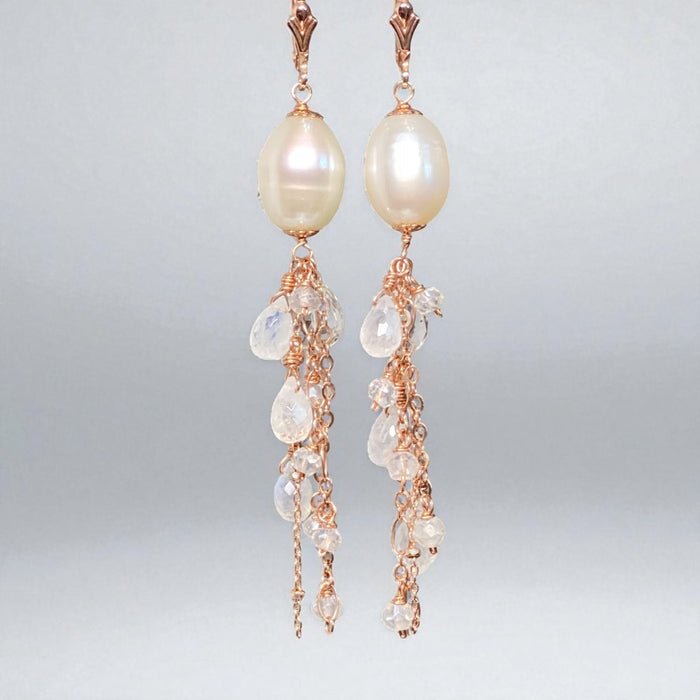 Rose Gold Pearl Moonstone Clear Zircon Long Dangle Earrings
