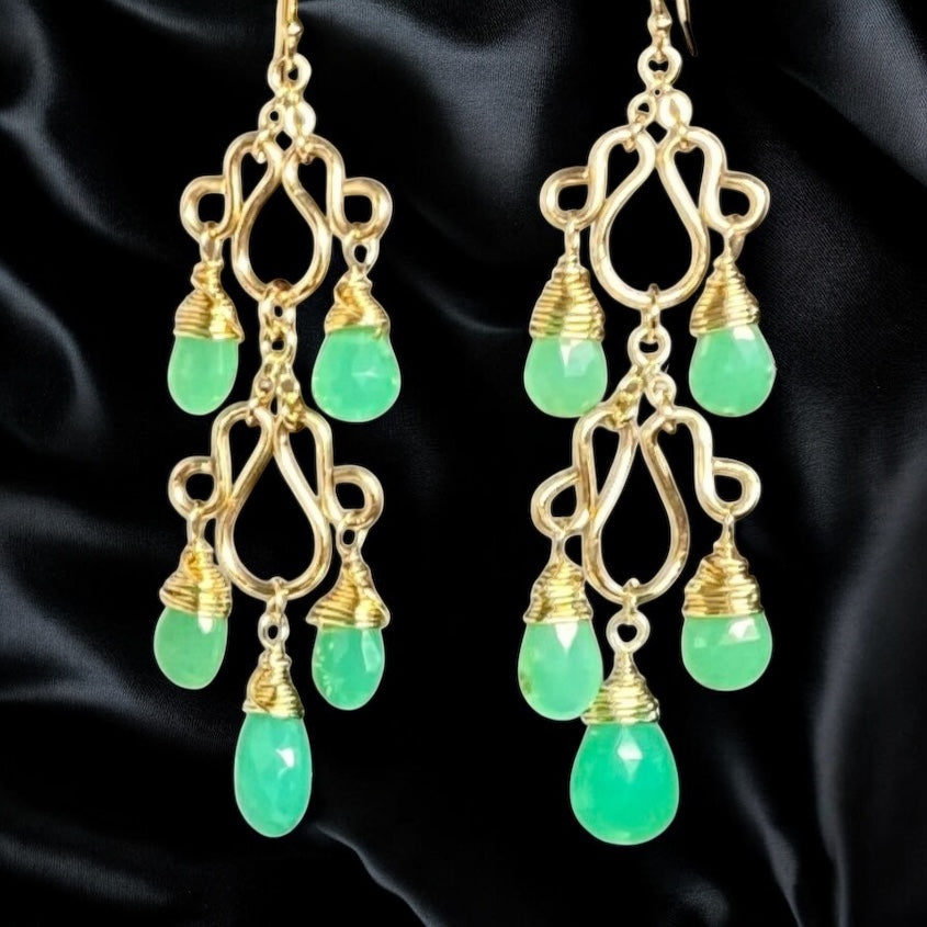 Green Chrysoprase Gemstone Long Gold Filled Chandelier Earrings