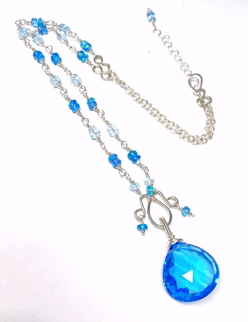 Blue Topaz, Opal and Gemstone Pendant Necklace Rosary Style Sterling Silver