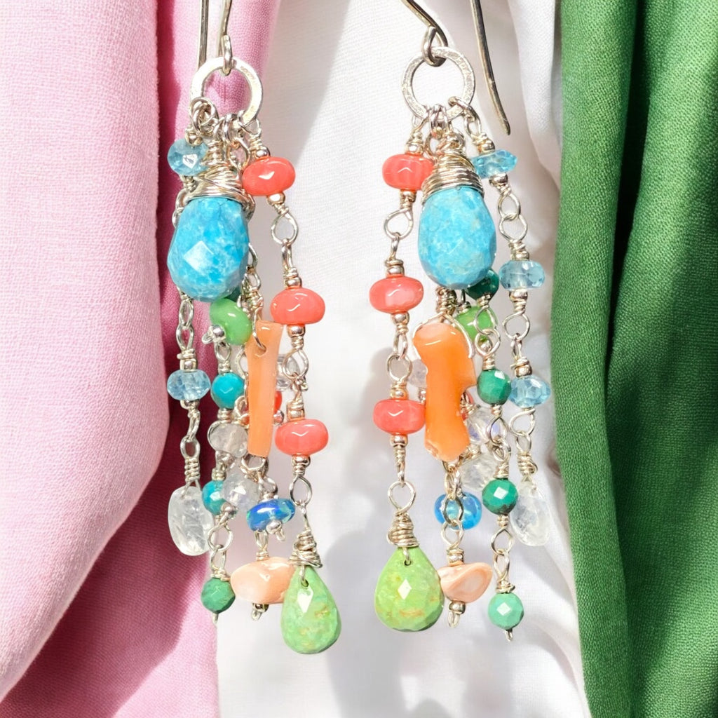 Blue and Green Turquoise Dangle Earrings, Coral, Moonstone, Gemstone 3