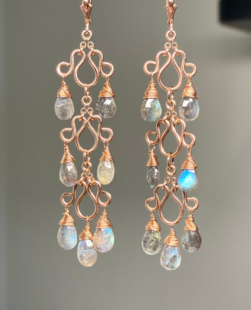 Long Labradorite Chandelier Earrings Rose Gold