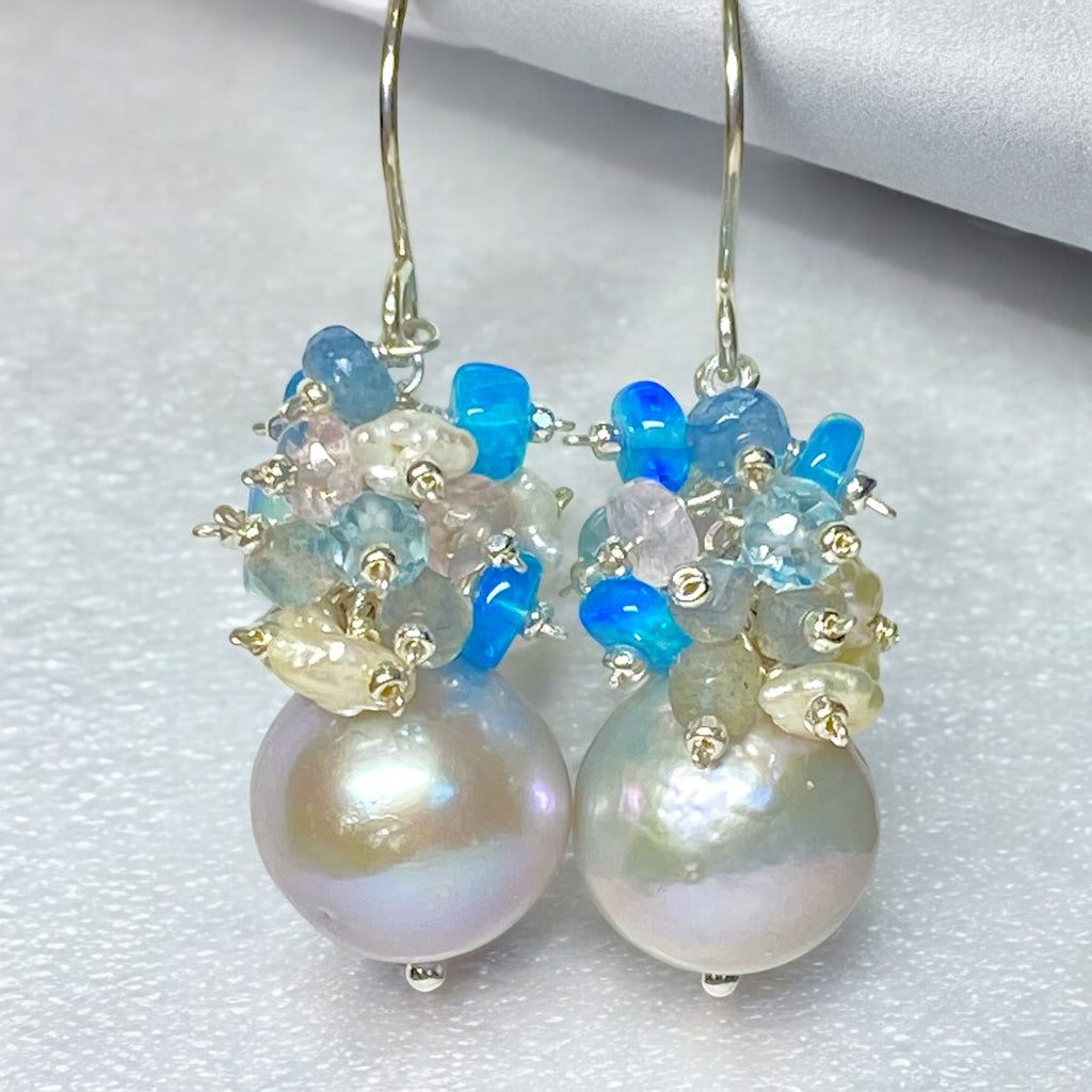 Silver Pearl Cluster Earrings with Blue Opal, Keishi Pearls, Aquamarine in Sterling Silver