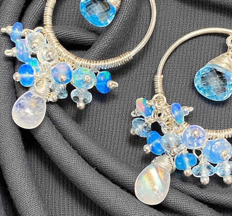 Blue Topaz, Opal, Chandelier Hoop Earrings Sterling Silver