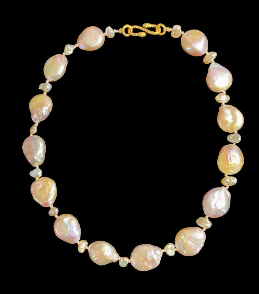 Statement Coin Pearl Necklace with Keishi Pearls, Silk Knotted