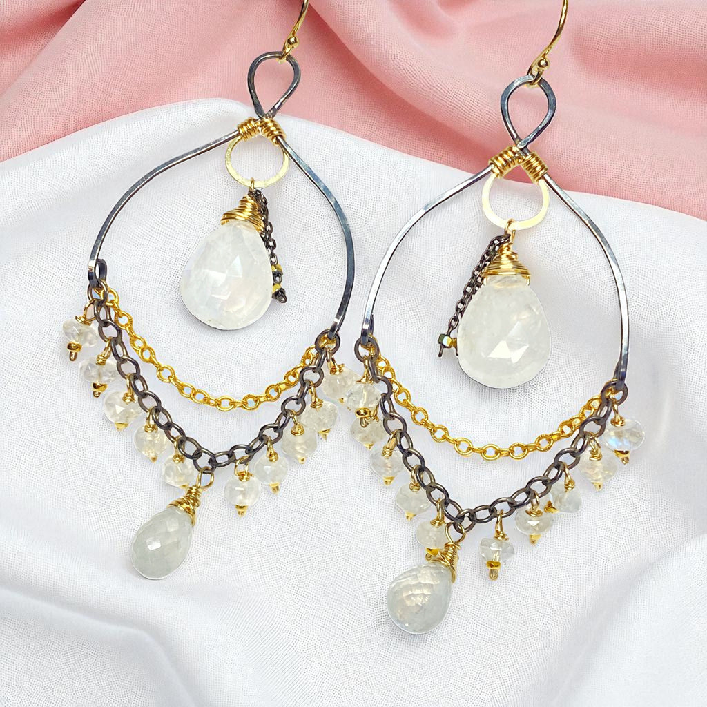 Rainbow Moonstone Mixed Metal Chandelier Earrings Beaded Statement Earrings