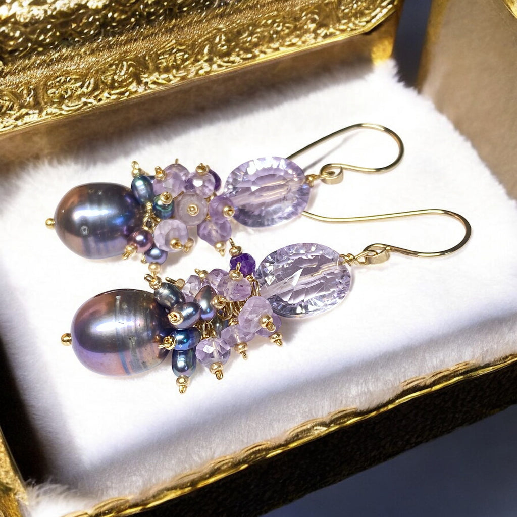 Amethyst Cluster Peacock Baroque Pearl Earrings Gold