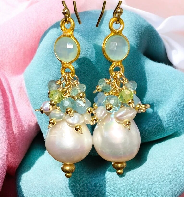 Pearl Cluster Earrings with Peridot, Aquamarine, Apatite in Gold