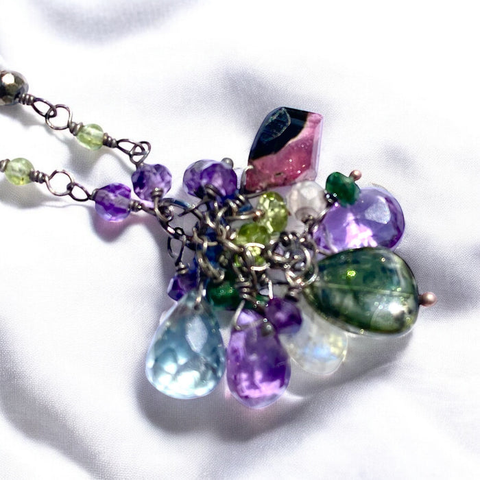 Amethyst, Tourmaline Gem Cluster Pendant Necklace, Rosary Style, Oxidized Silver