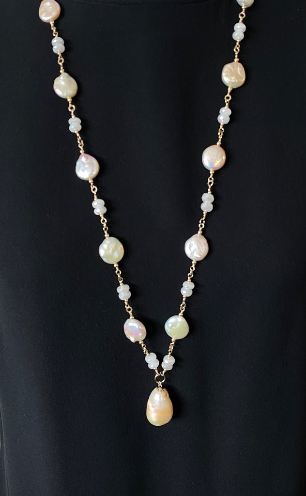 Blush Baroque Pearl Mystic Moonstone Long Sautoir Rosary Necklace Gold Fill