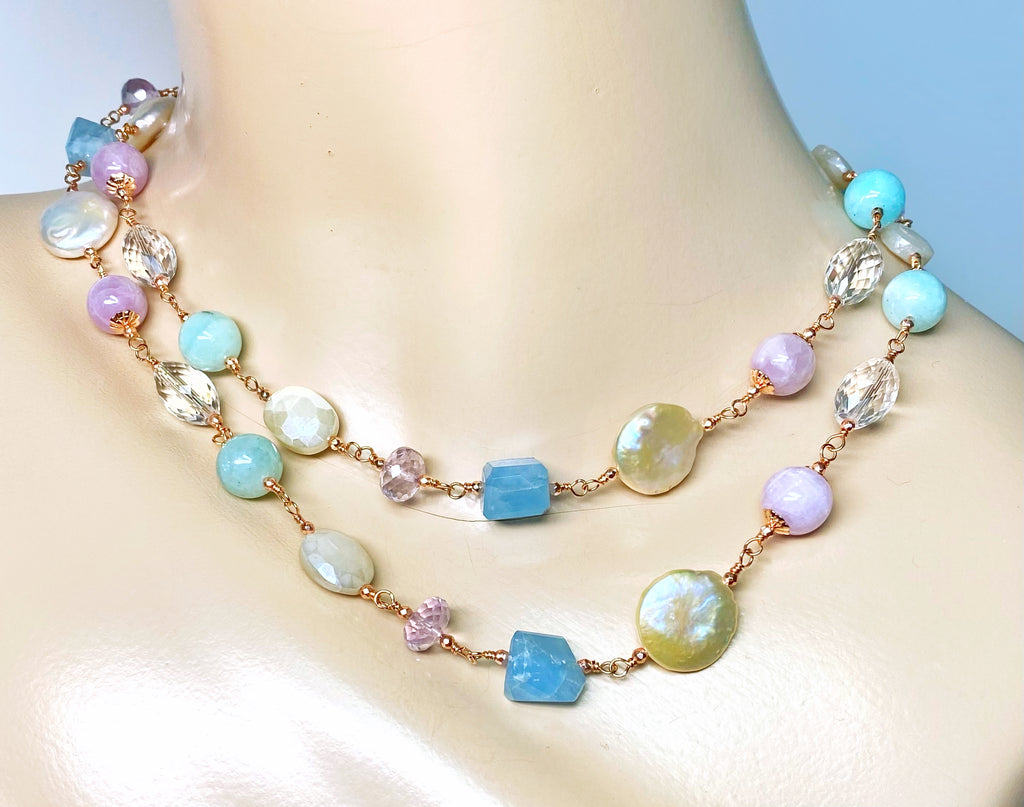 Long Multi Gemstone Pearl Necklace Aquamarine Amethyst Kunzite Rose Gold Fill