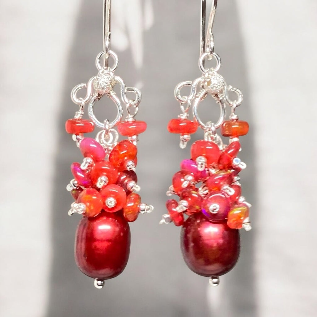 Red Pearl Opal Cluster Earrings in Sterling Silver