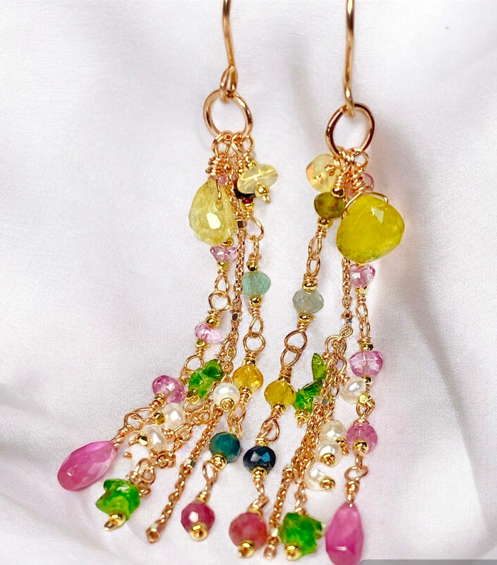 Canary Yellow Tourmaline Long Dangle Earrings Rose Gold Fill