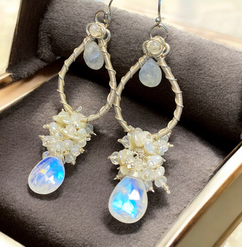 Moonstone Pearl Bridal Earrings Keishi Pearl Crystal Sterling Silver