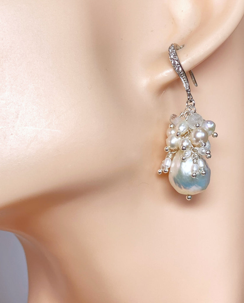 White Edison Pearl Cluster Earrings with Moonstone in Sterling Silver