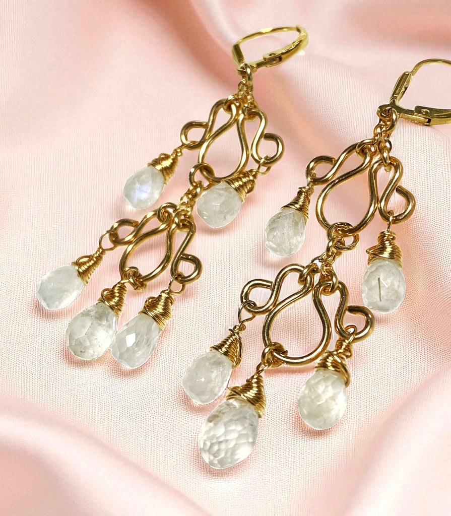 Rainbow Moonstone Gemstone Chandelier Earrings Gold Fill