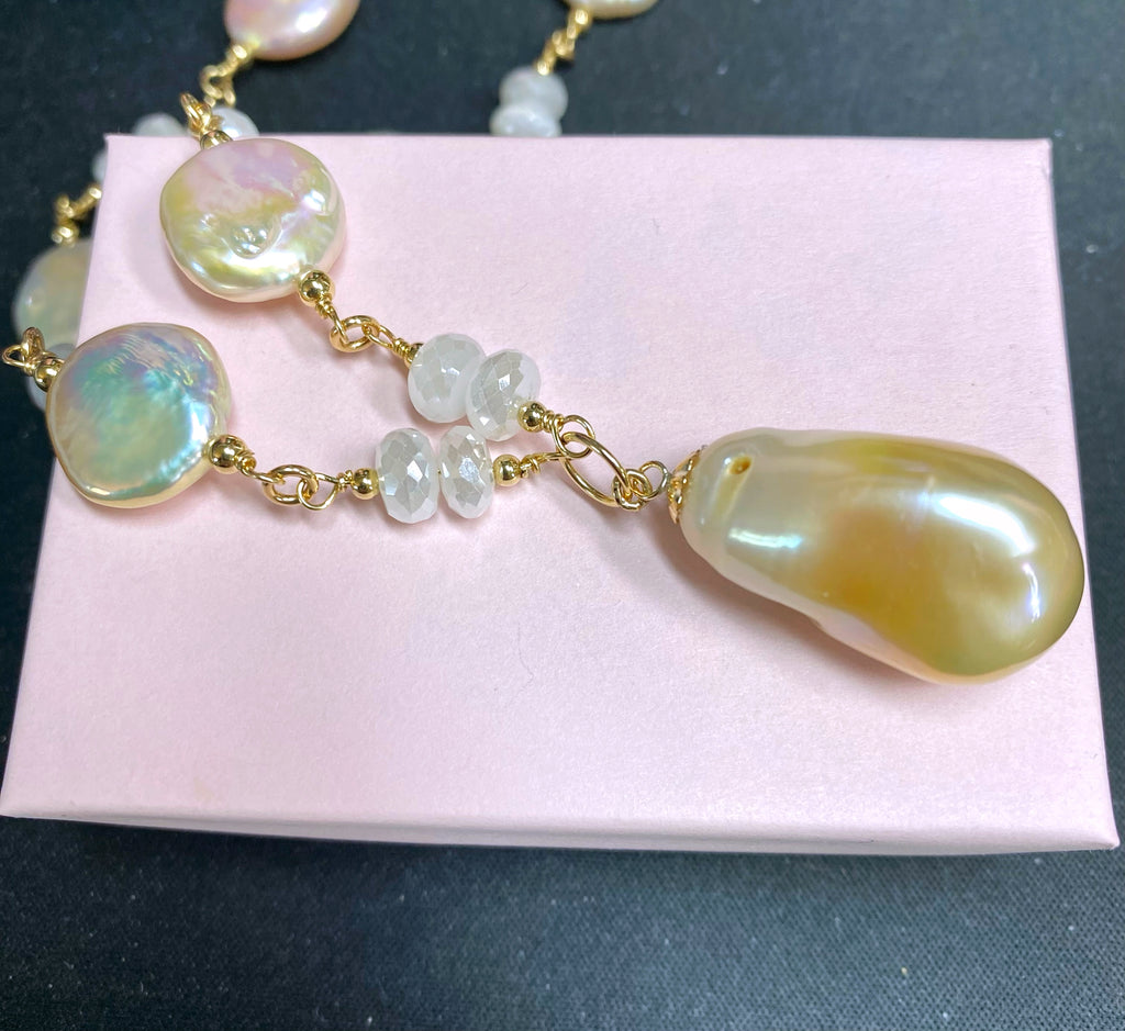 Blush Baroque Pearl Mystic Moonstone Long Sautoir Rosary Necklace Gold Fill