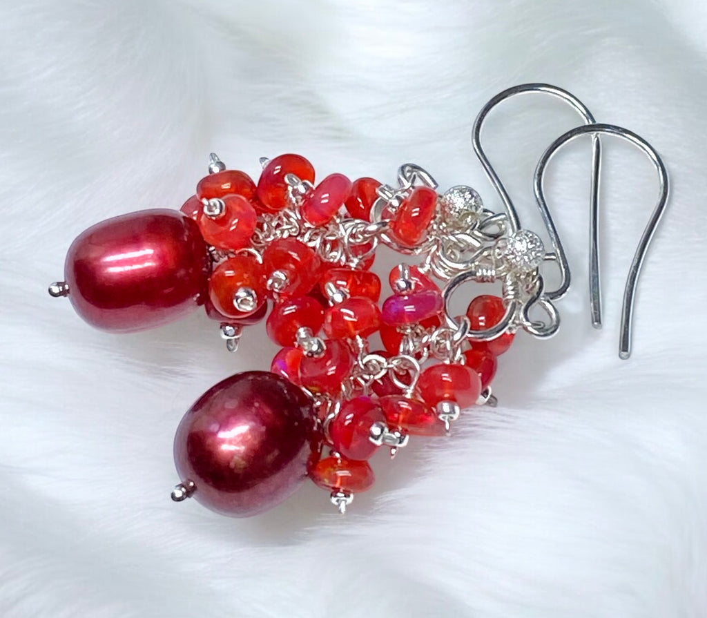 Red Pearl Opal Cluster Earrings in Sterling Silver