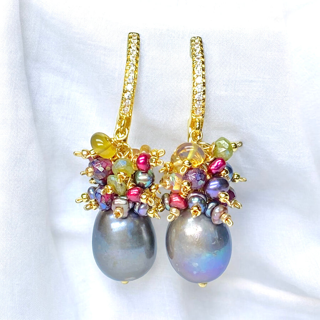 Grey Pearl Earrings with Colorful Gemstone Clusters in Sterling Silver