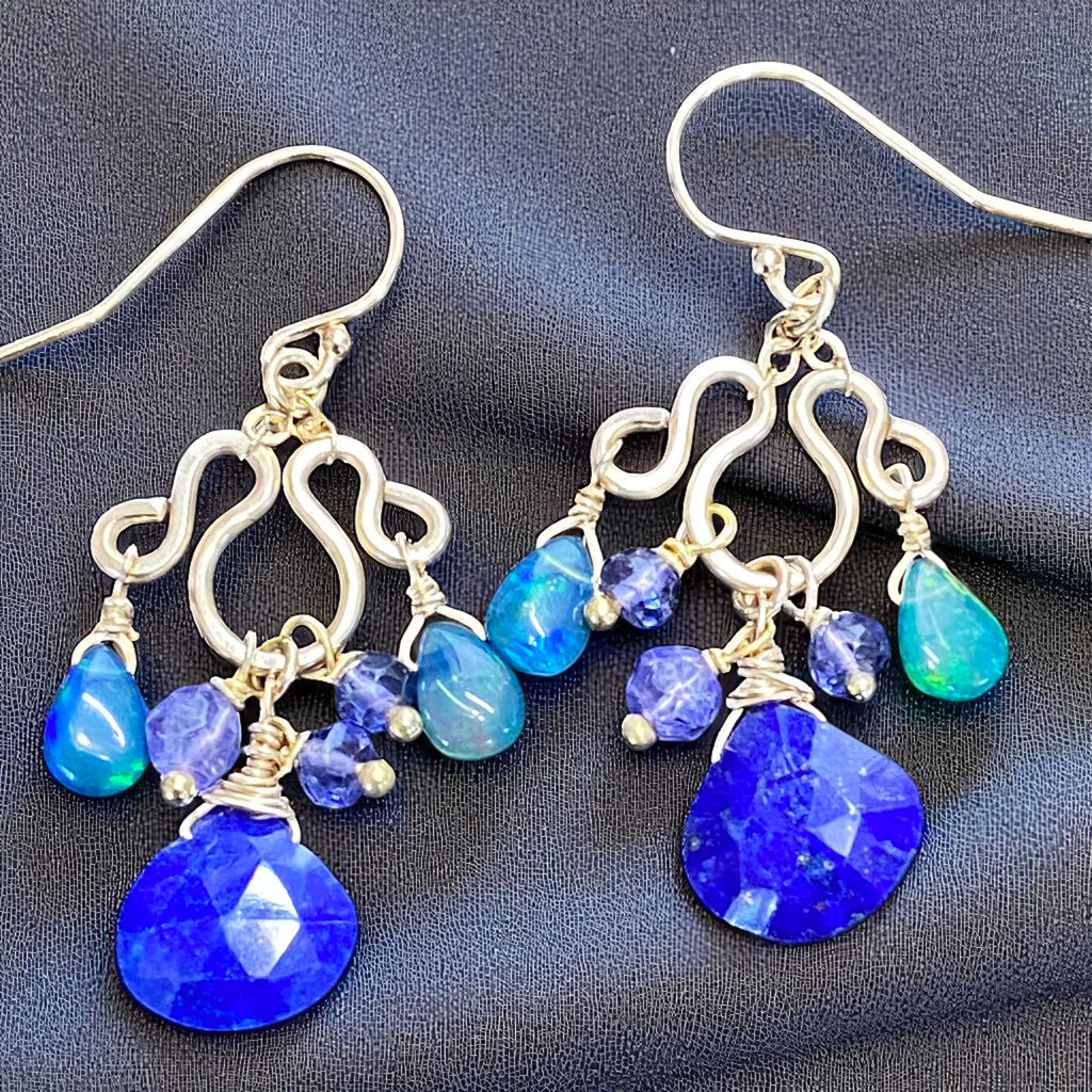 Blue Lapis, Blue Opal Chandelier Earrings Gold Fill