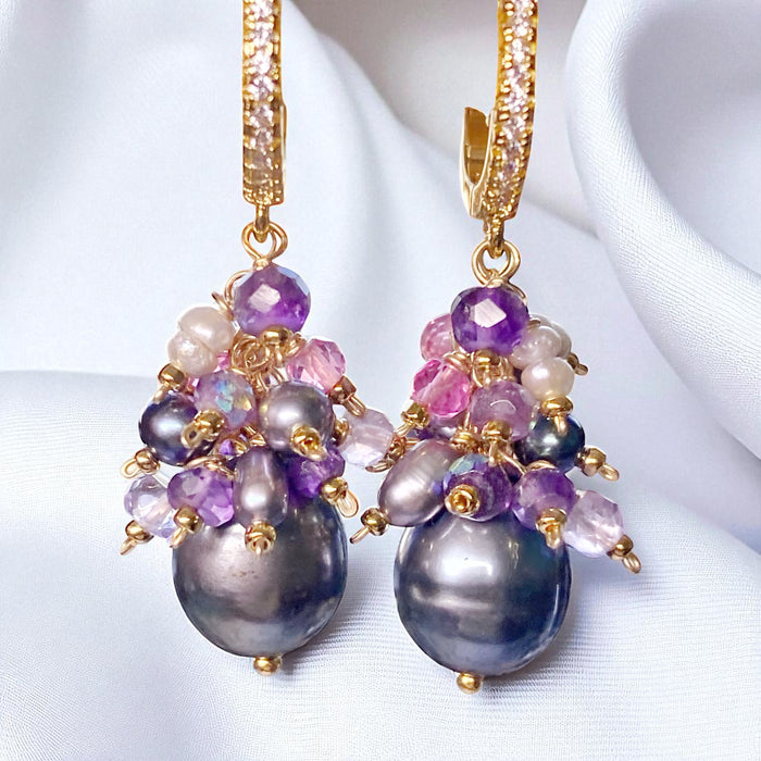 Black Peacock Pearl Earrings Amethyst and Pink Gemstone Clusters Gold Fill