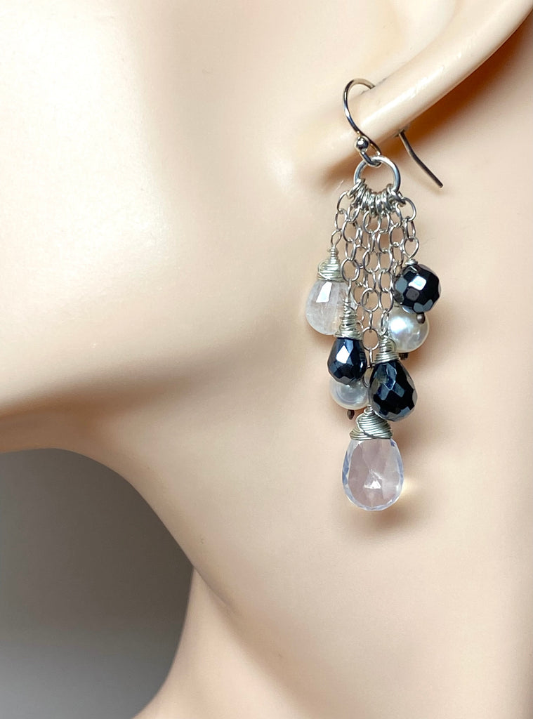Black and White, Moonstone Black Spinel Dangle Earrings, Sterling SIlver