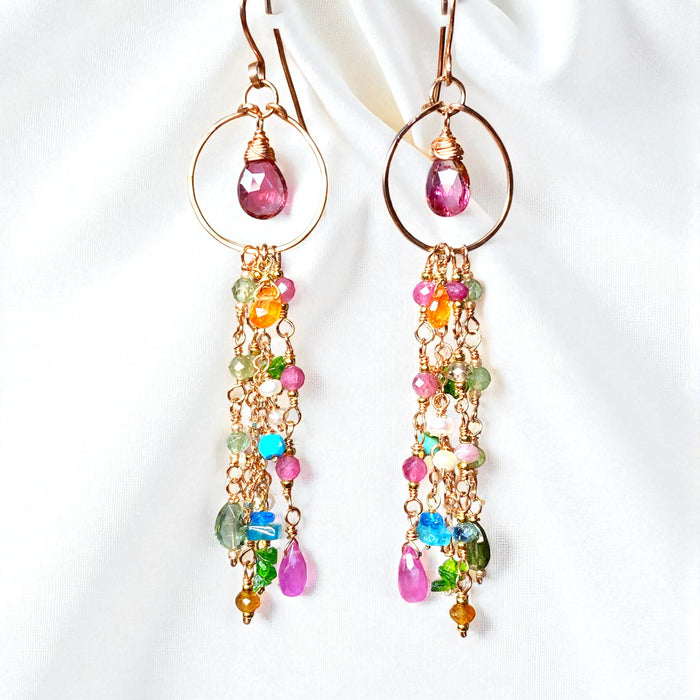 Pink Tourmaline Multicolor Gemstone Long Boho Dangle Earrings Rose Gold
