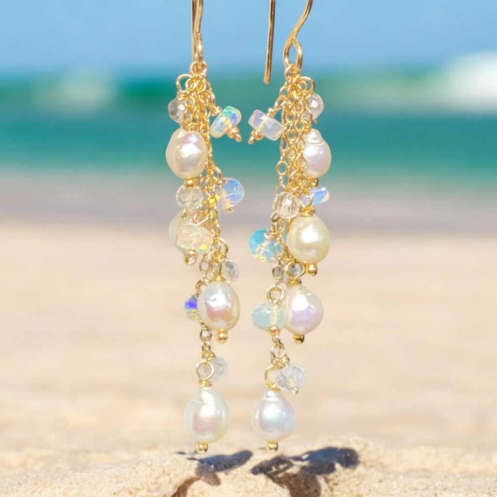 Edison Pearl Dainty Dangle Earrings with Moonstones and Opals