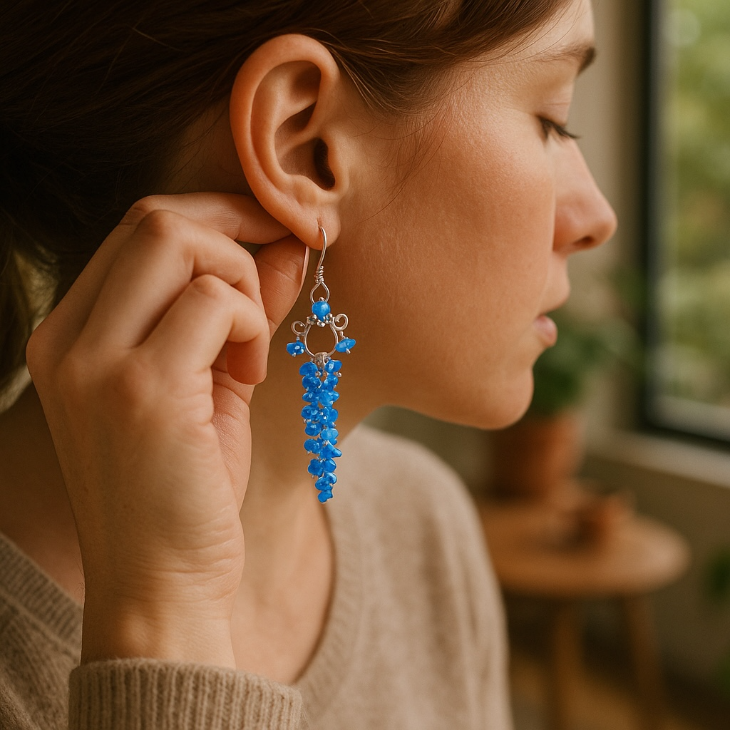 Blue Ethiopian Opal Long Cluster Dangle Earrings Sterling Silver