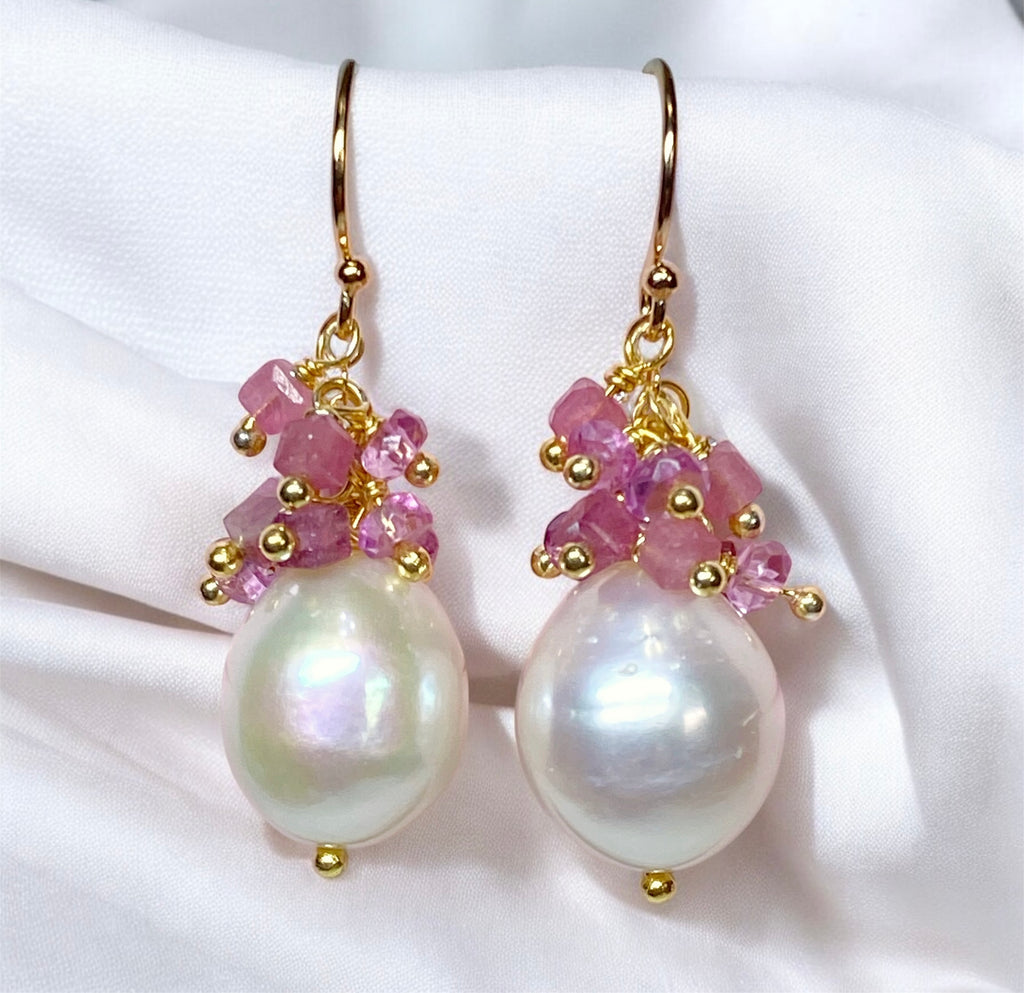 Pearl Cluster Earrings with Pink Tourmaline, Pink Topaz, Gold Fill or Sterling Silver