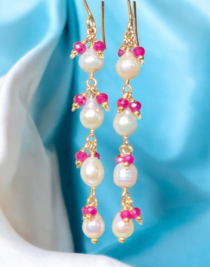 Ruby and Pearl Long Dainty Earrings Gold Fill