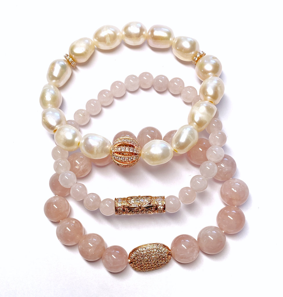 Pink Rose Quartz and Pearl Stretch Bracelet Set of 3, Rose Gold Pave CZ