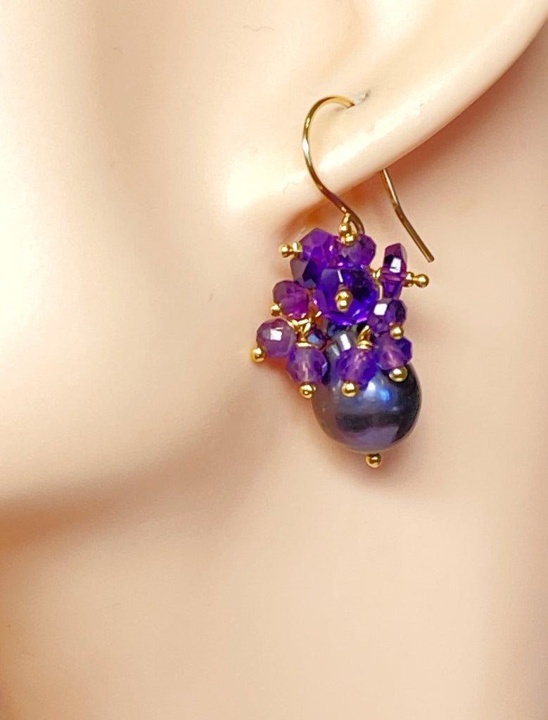 Baroque Peacock Pearl Amethyst Cluster Earrings