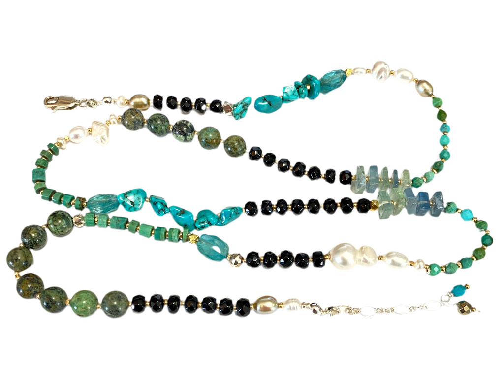 Turquoise Wrap Bracelet Necklace with Freshwater Pearl, Black Onyx, Apatite
